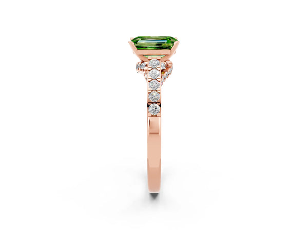 Rose gold Emerald Cut Peridot Solitaire Ring with Crossover Gallery and Round  Pavé Band