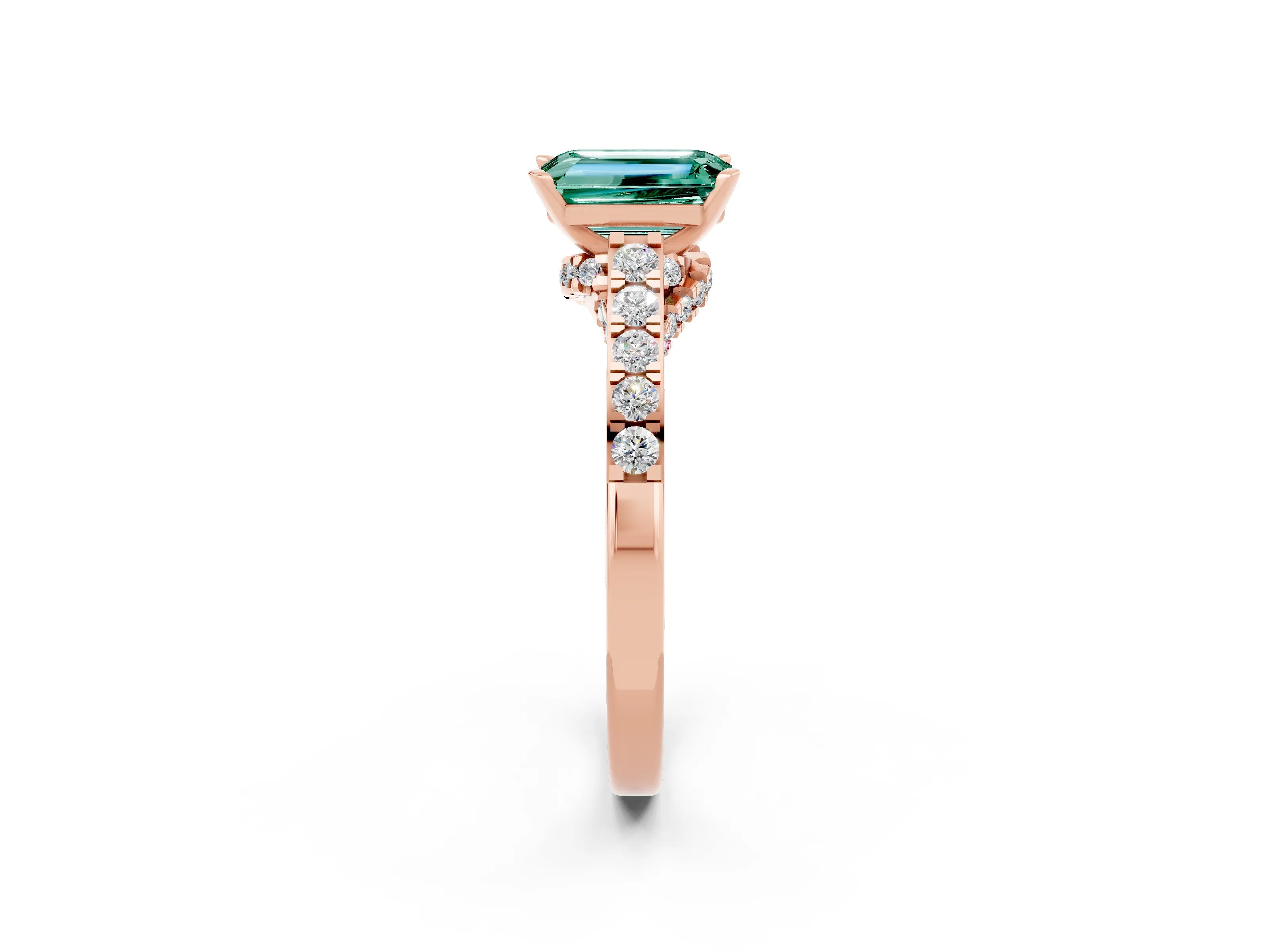 Rose gold Emerald Cut Diamond Solitaire Ring with Pavé Band and Prong Setting_2