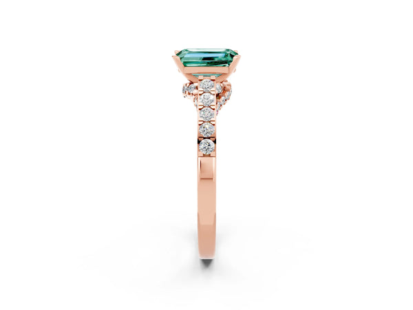 Rose gold Emerald Cut Green Sapphire Solitaire Ring with Crossover Gallery and Round  Pavé Band