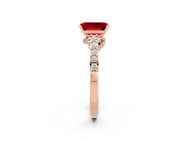 Rose gold Emerald Cut Ruby Solitaire Ring with Crossover Gallery and Round  Pavé Band