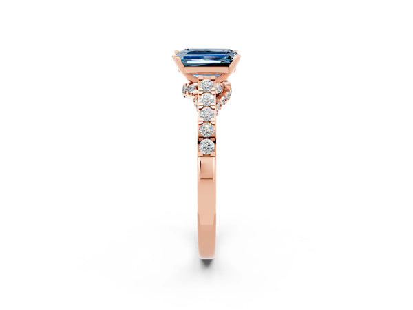 Rose gold Emerald Cut Aquamarine Solitaire Ring with Crossover Gallery and Round  Pavé Band