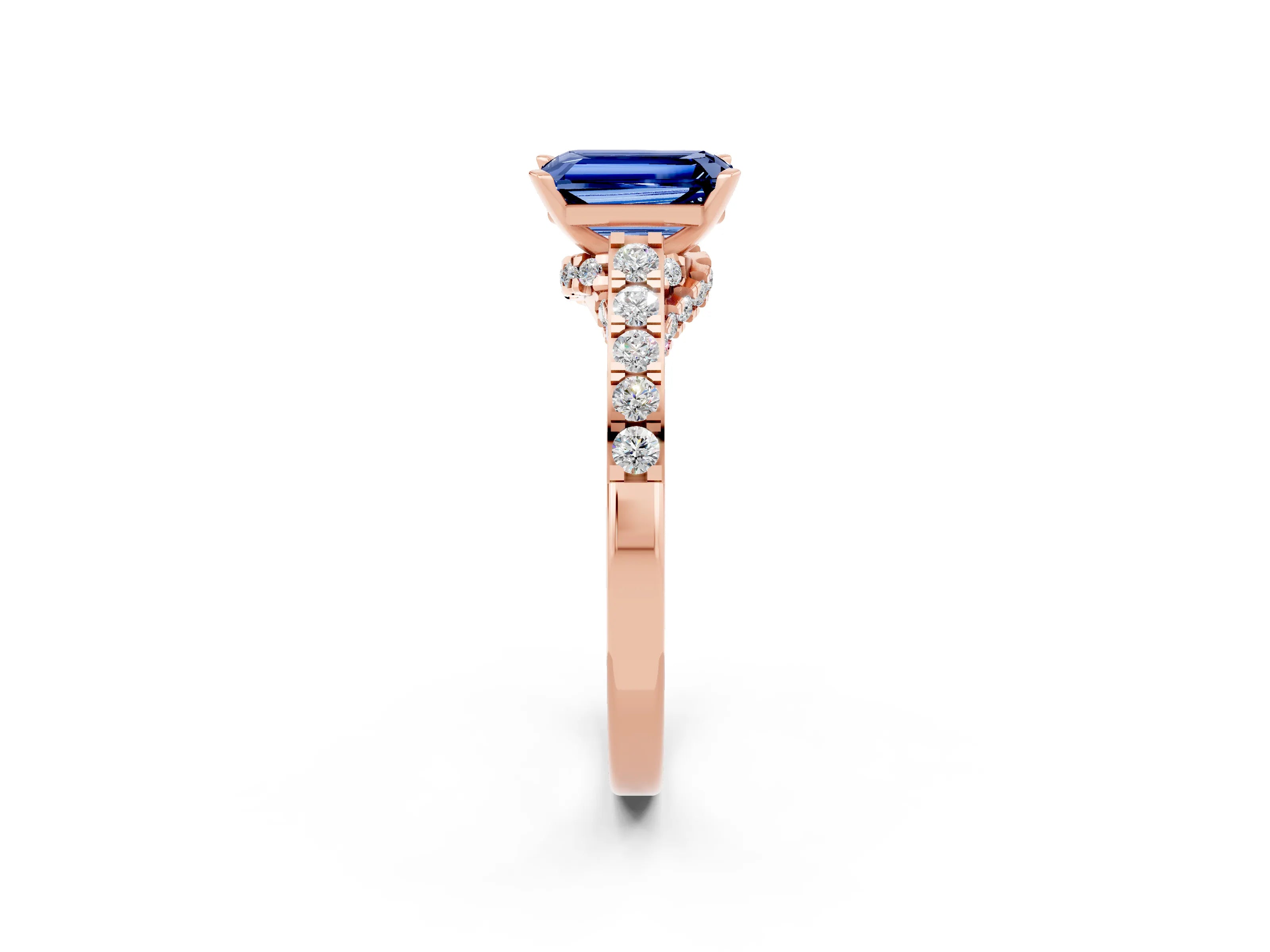 Rose gold Emerald Cut Diamond Solitaire Ring with Pavé Band and Prong Setting_2