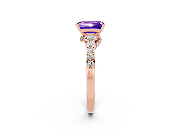 Rose gold Emerald Cut Tanzanite Solitaire Ring with Crossover Gallery and Round  Pavé Band