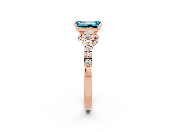 Rose gold Emerald Cut Blue Topaz Solitaire Ring with Crossover Gallery and Round  Pavé Band