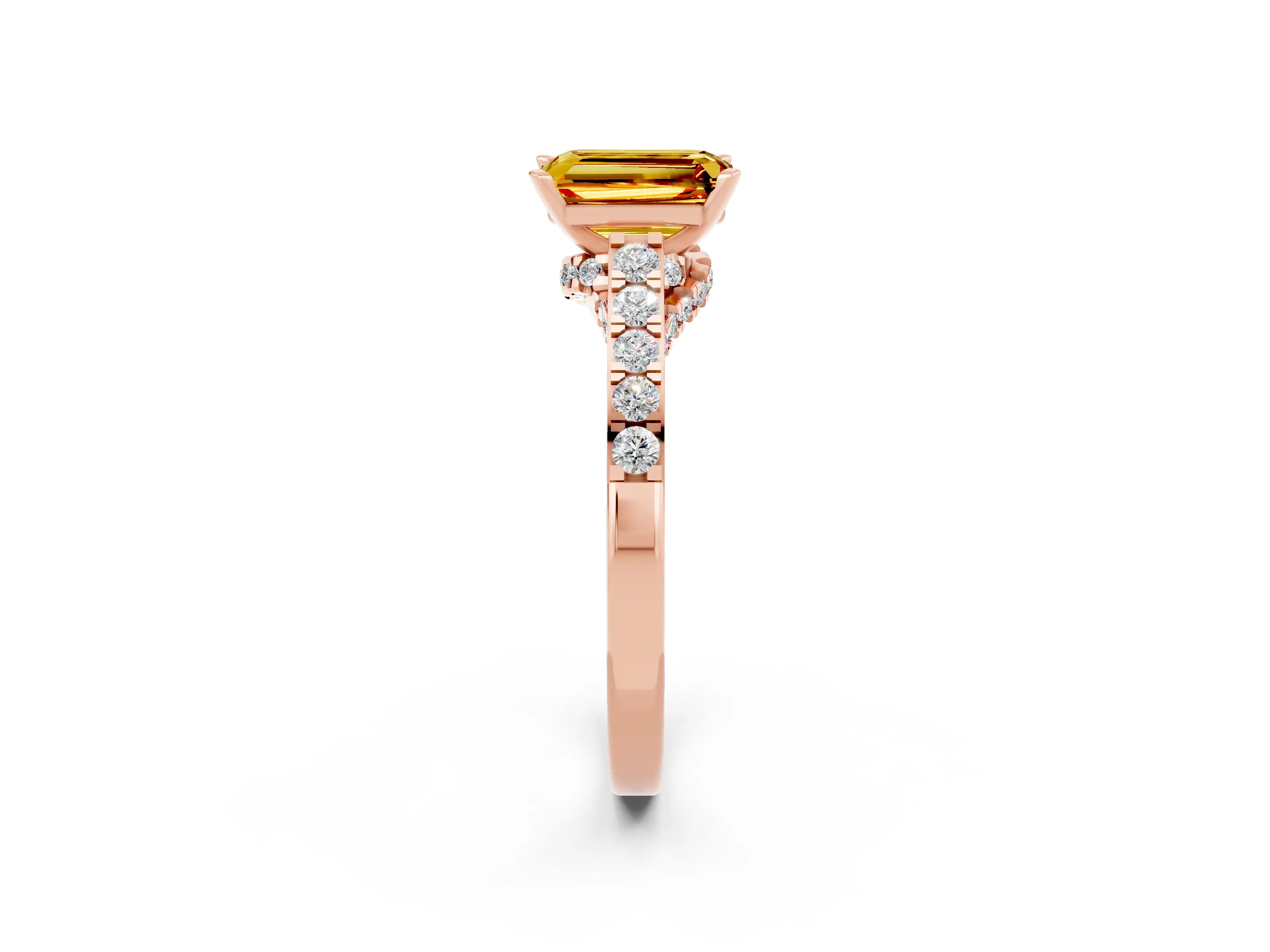 Rose gold Emerald Cut Diamond Solitaire Ring with Pavé Band and Prong Setting_2