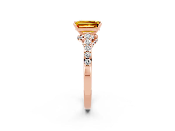 Rose gold Emerald Cut Citrine Solitaire Ring with Crossover Gallery and Round  Pavé Band