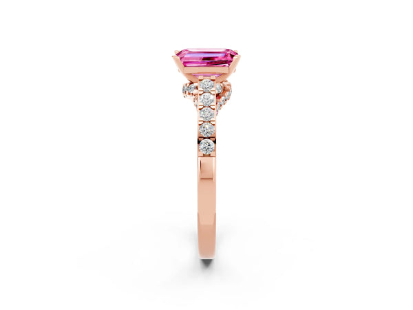 Rose gold Emerald Cut Pink Sapphire Solitaire Ring with Crossover Gallery and Round  Pavé Band