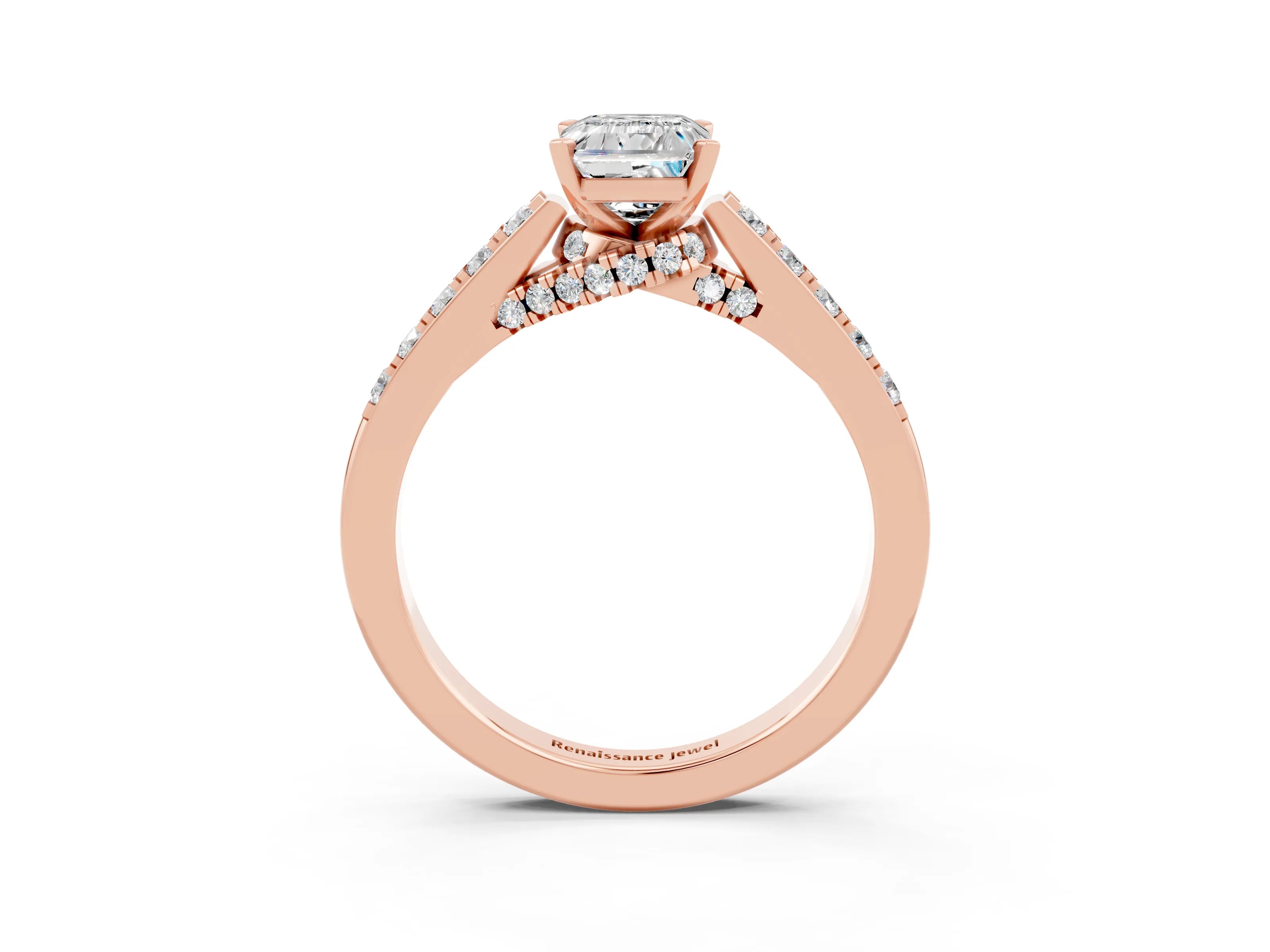 Rose gold Emerald Cut Diamond Solitaire Ring with Pavé Band and Prong Setting_3