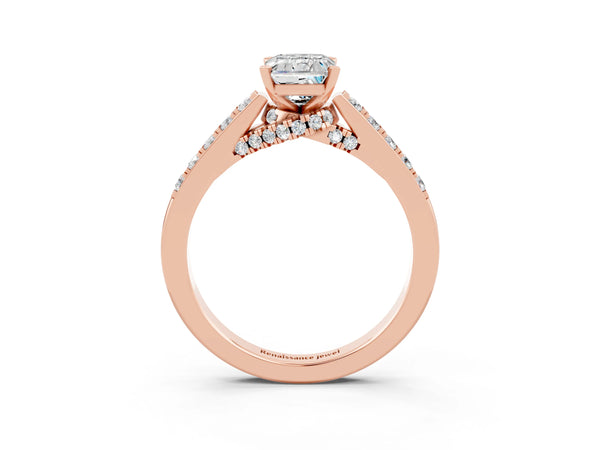 Rose gold Emerald Cut Moissanite Solitaire Ring with Crossover Gallery and Round  Pavé Band