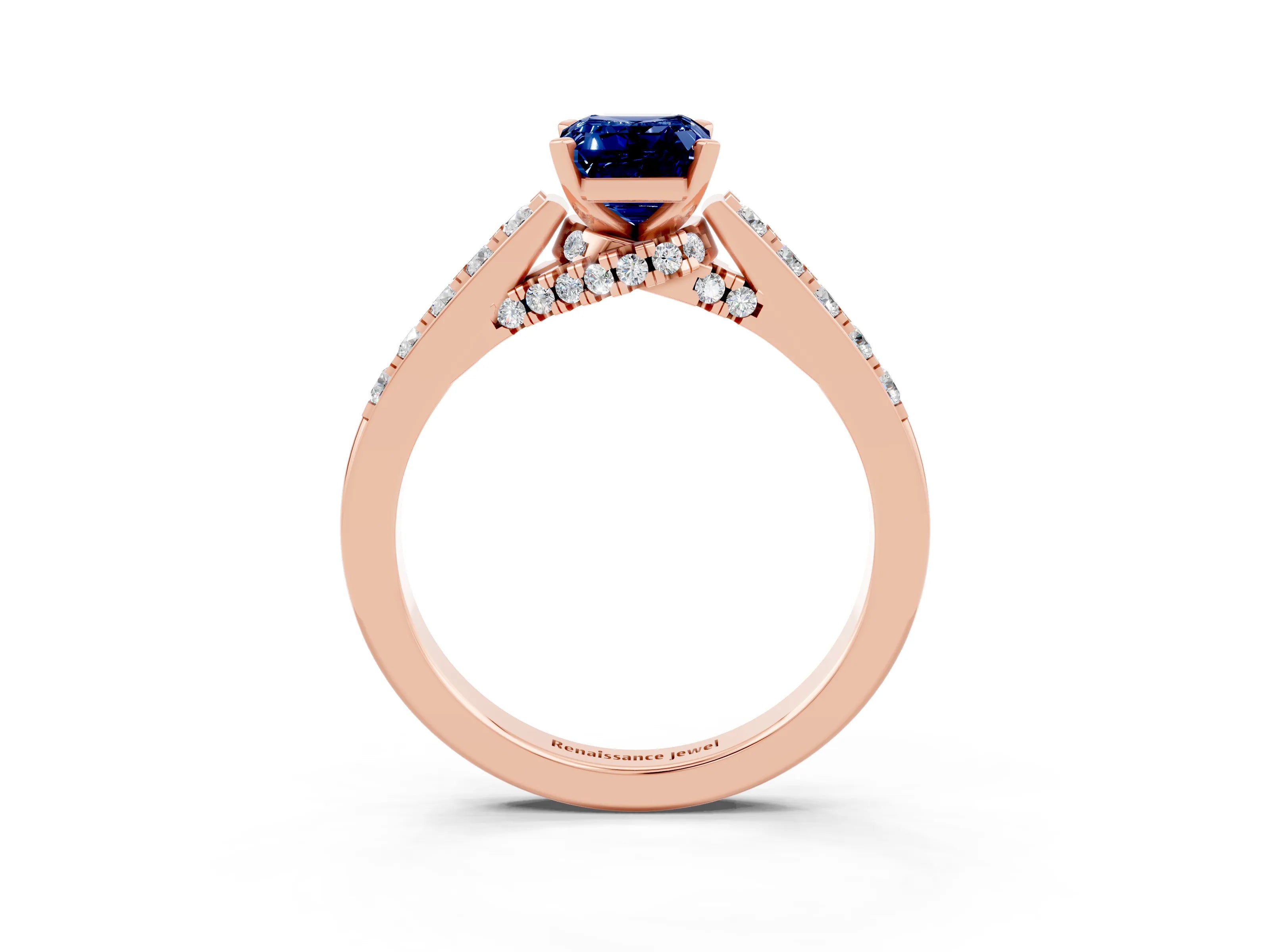 Rose gold Emerald Cut Diamond Solitaire Ring with Pavé Band and Prong Setting_3