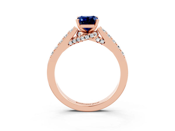 Rose gold Emerald Cut Blue Sapphire Solitaire Ring with Crossover Gallery and Round  Pavé Band