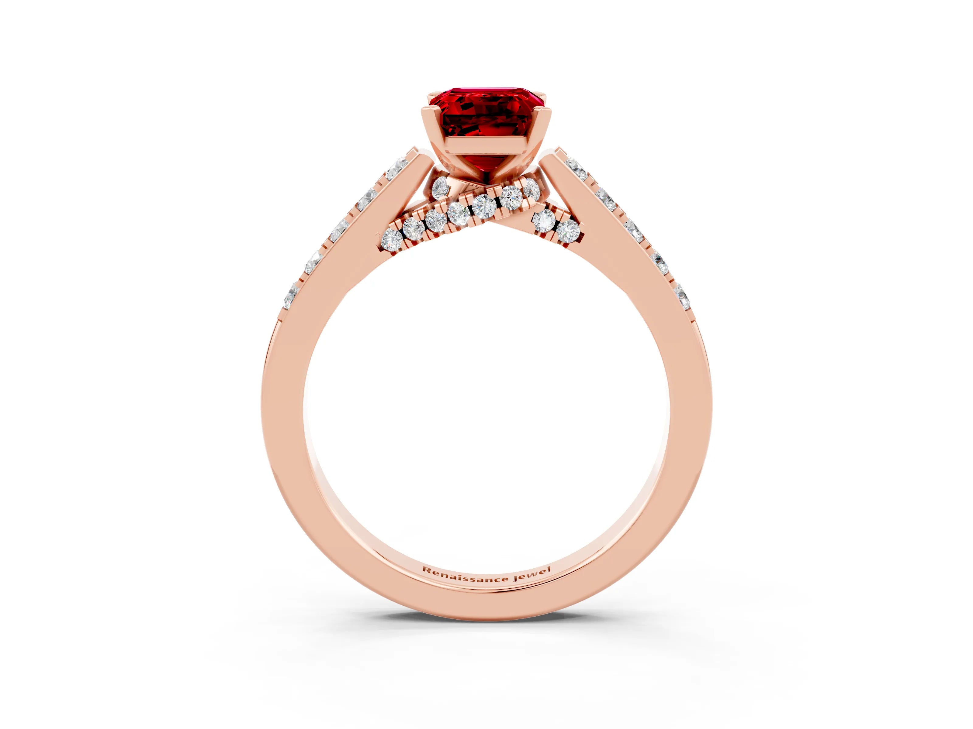 Rose gold Emerald Cut Diamond Solitaire Ring with Pavé Band and Prong Setting_3