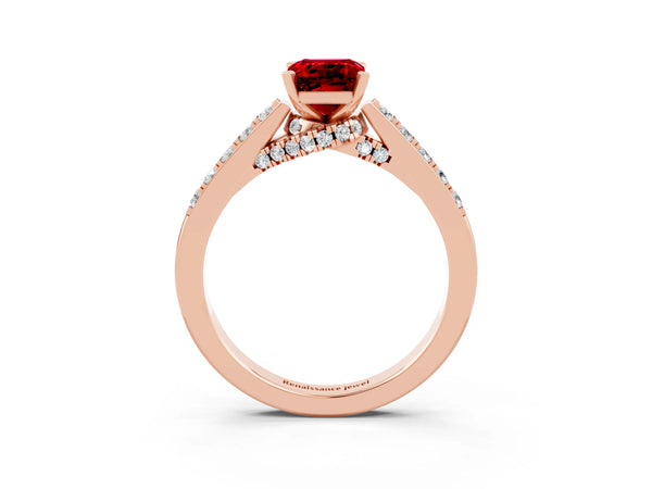 Rose gold Emerald Cut Ruby Solitaire Ring with Crossover Gallery and Round  Pavé Band