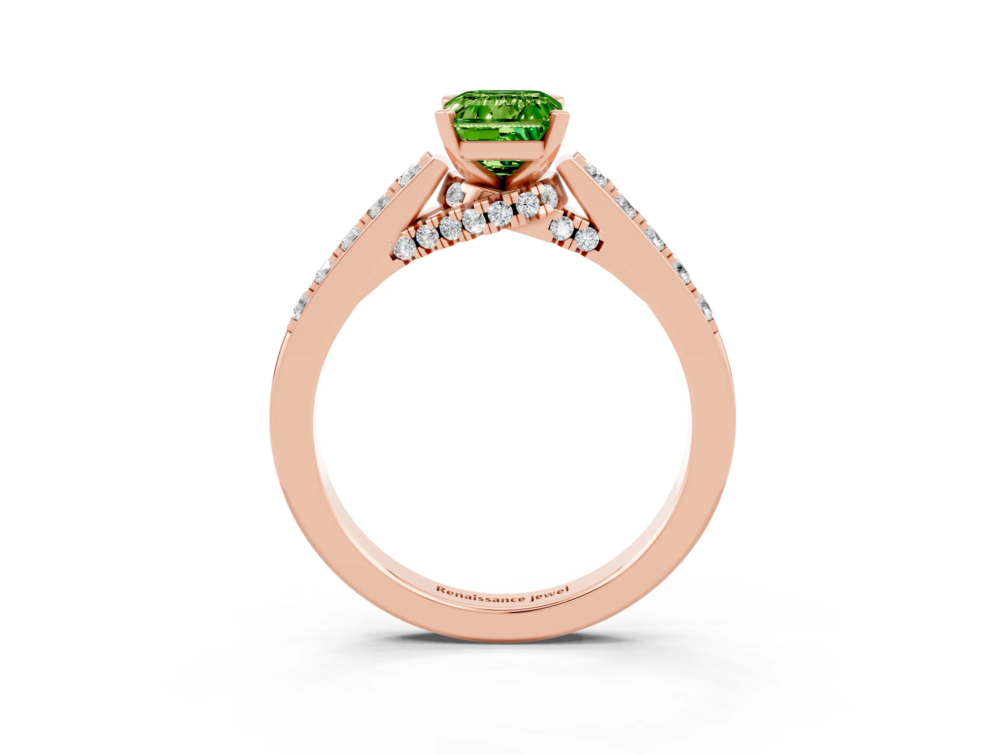 Rose gold Emerald Cut Diamond Solitaire Ring with Pavé Band and Prong Setting_3