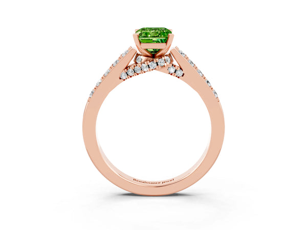 Rose gold Emerald Cut Peridot Solitaire Ring with Crossover Gallery and Round  Pavé Band
