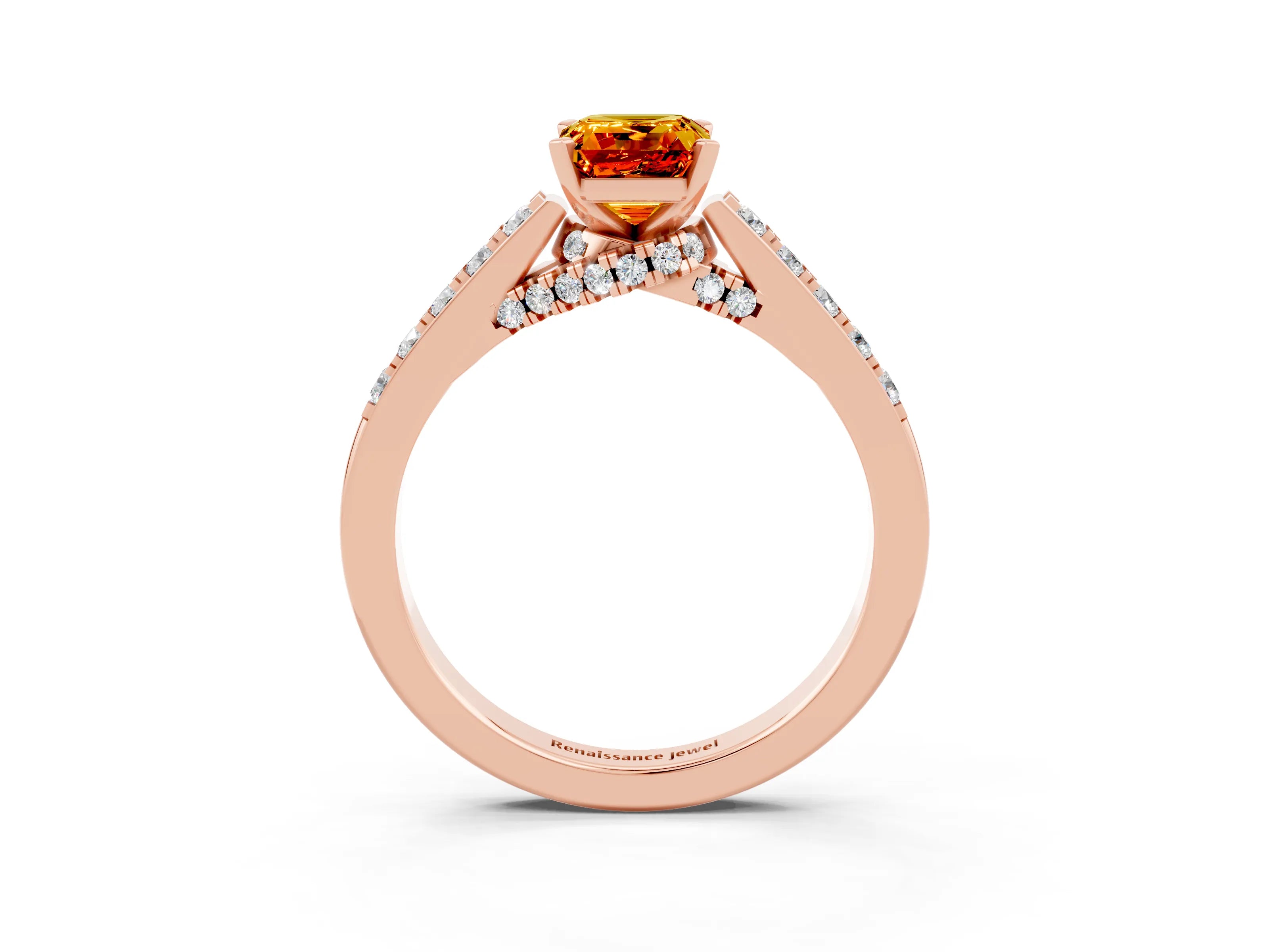 Rose gold Emerald Cut Diamond Solitaire Ring with Pavé Band and Prong Setting_3