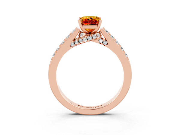Rose gold Emerald Cut Citrine Solitaire Ring with Crossover Gallery and Round  Pavé Band