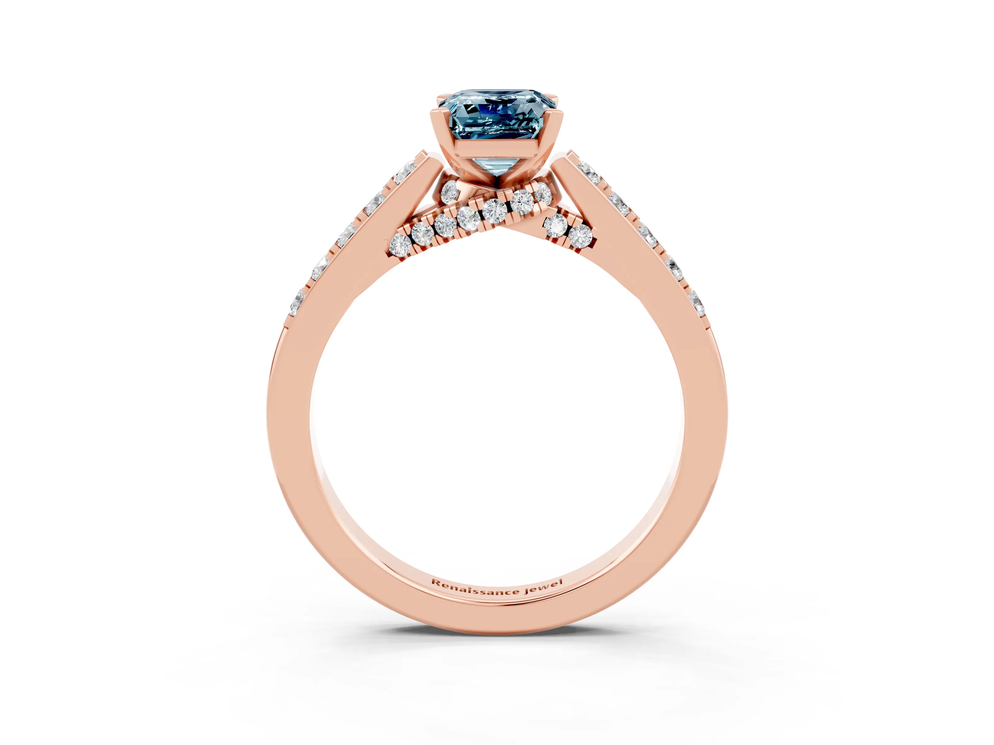 Rose gold Emerald Cut Diamond Solitaire Ring with Pavé Band and Prong Setting_3