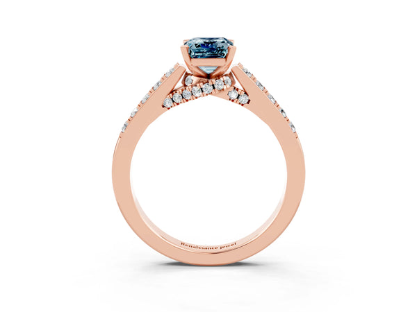 Rose gold Emerald Cut Aquamarine Solitaire Ring with Crossover Gallery and Round  Pavé Band
