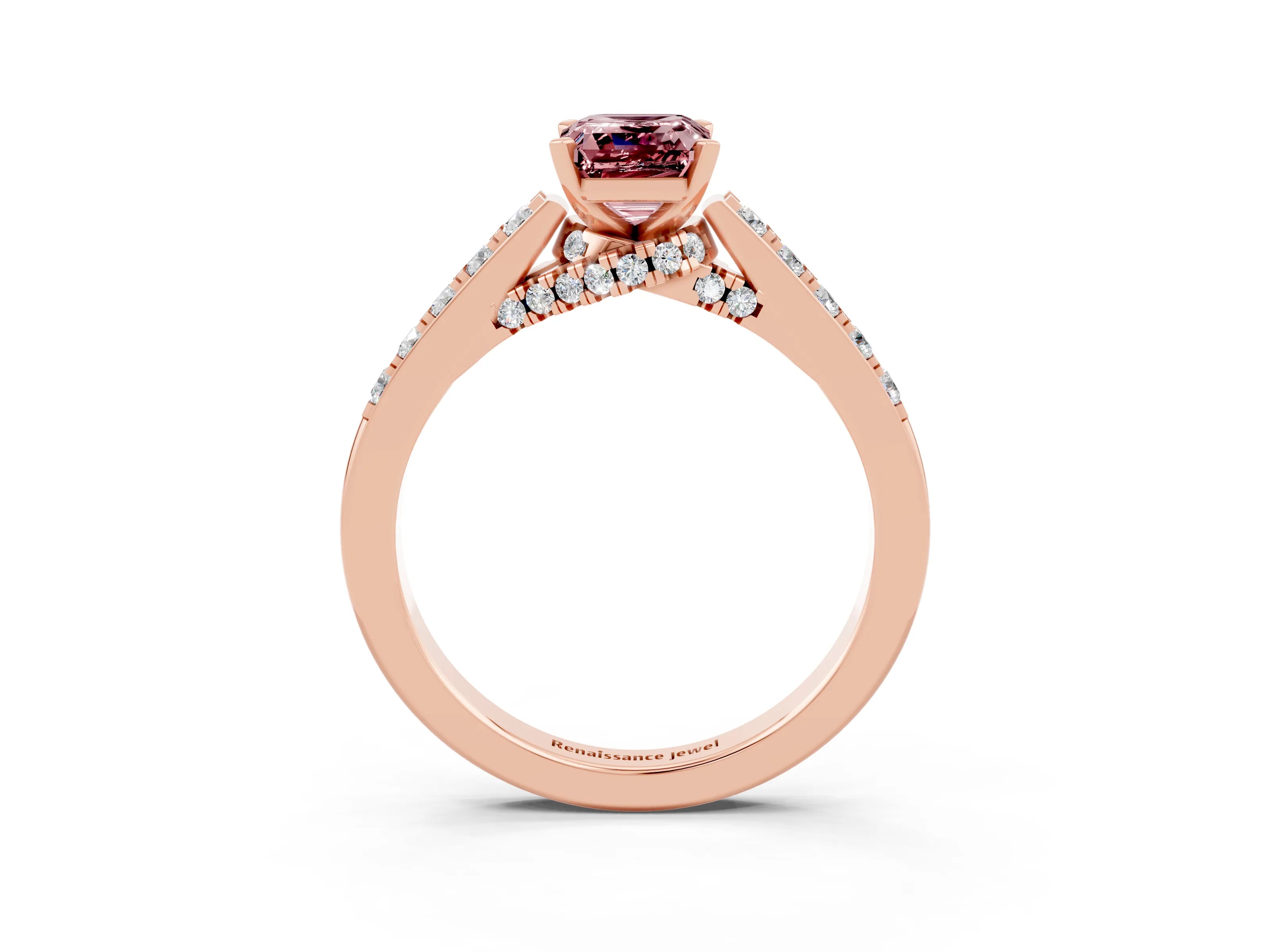 Rose gold Emerald Cut Diamond Solitaire Ring with Pavé Band and Prong Setting_3