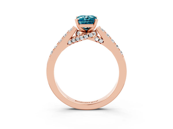 Rose gold Emerald Cut Blue Topaz Solitaire Ring with Crossover Gallery and Round  Pavé Band