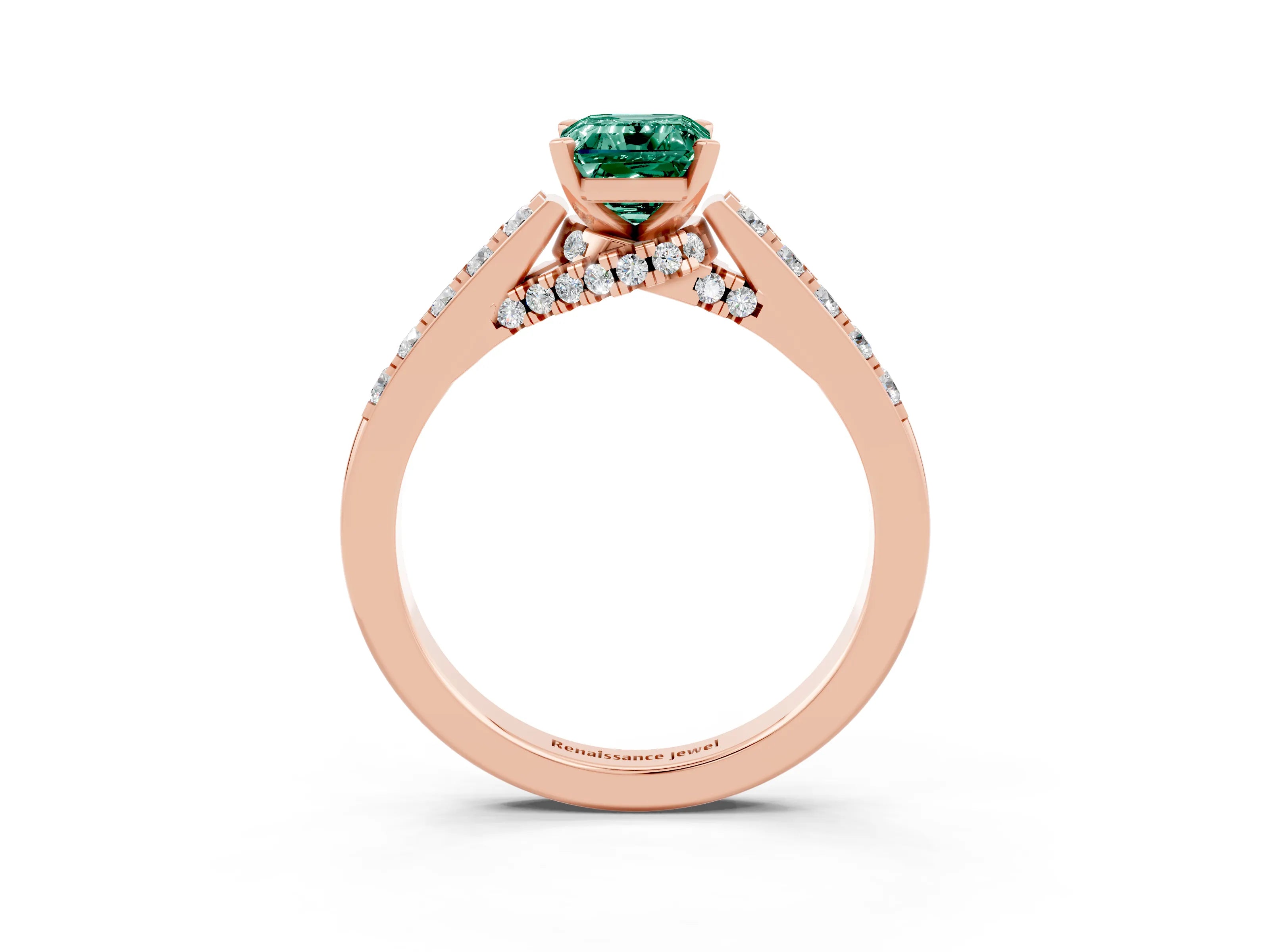 Rose gold Emerald Cut Diamond Solitaire Ring with Pavé Band and Prong Setting_3