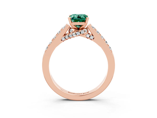 Rose gold Emerald Cut Green Sapphire Solitaire Ring with Crossover Gallery and Round  Pavé Band
