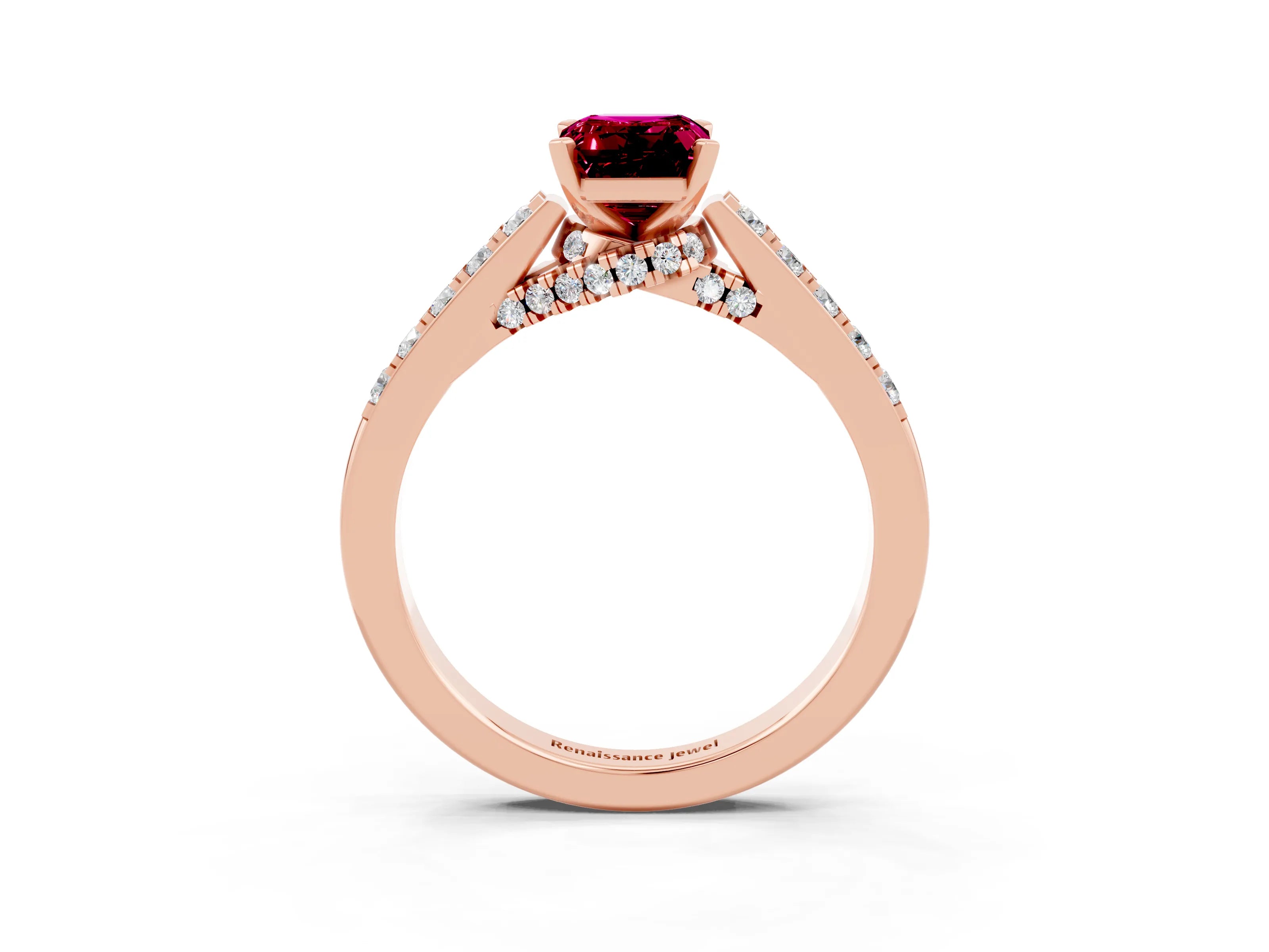 Rose gold Emerald Cut Diamond Solitaire Ring with Pavé Band and Prong Setting_3