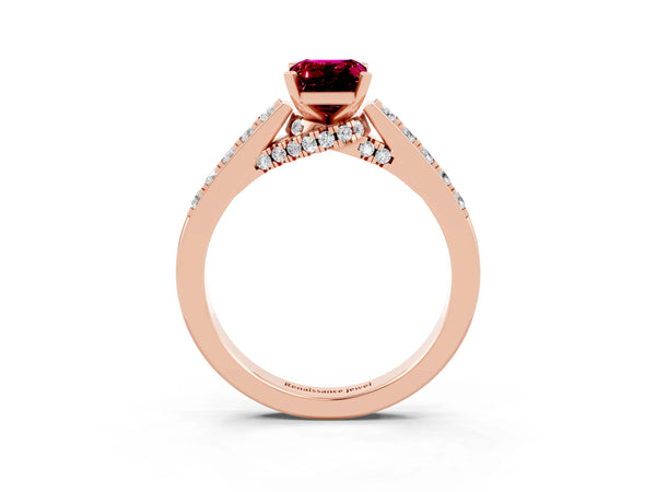 Rose gold Emerald Cut Garnet Solitaire Ring with Crossover Gallery and Round  Pavé Band
