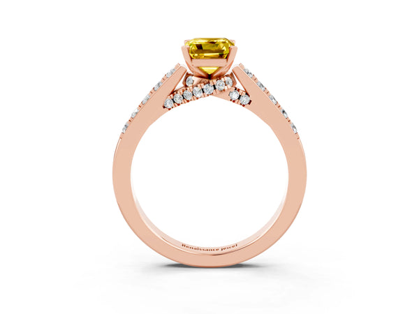 Rose gold Emerald Cut Yellow Sapphire Solitaire Ring with Crossover Gallery and Round  Pavé Band