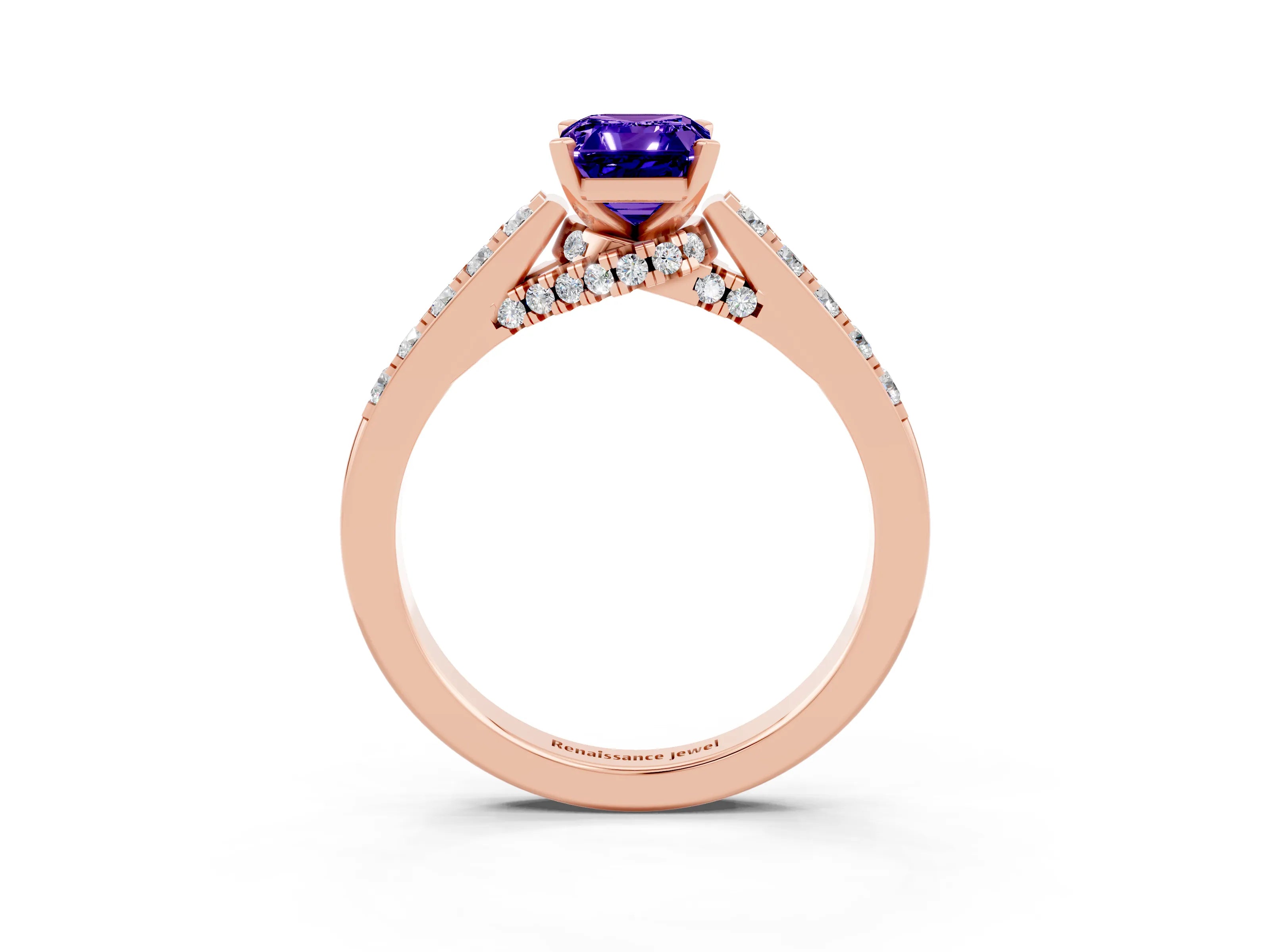 Rose gold Emerald Cut Diamond Solitaire Ring with Pavé Band and Prong Setting_3