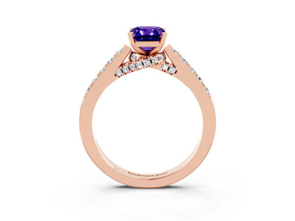 Rose gold Emerald Cut Tanzanite Solitaire Ring with Crossover Gallery and Round  Pavé Band