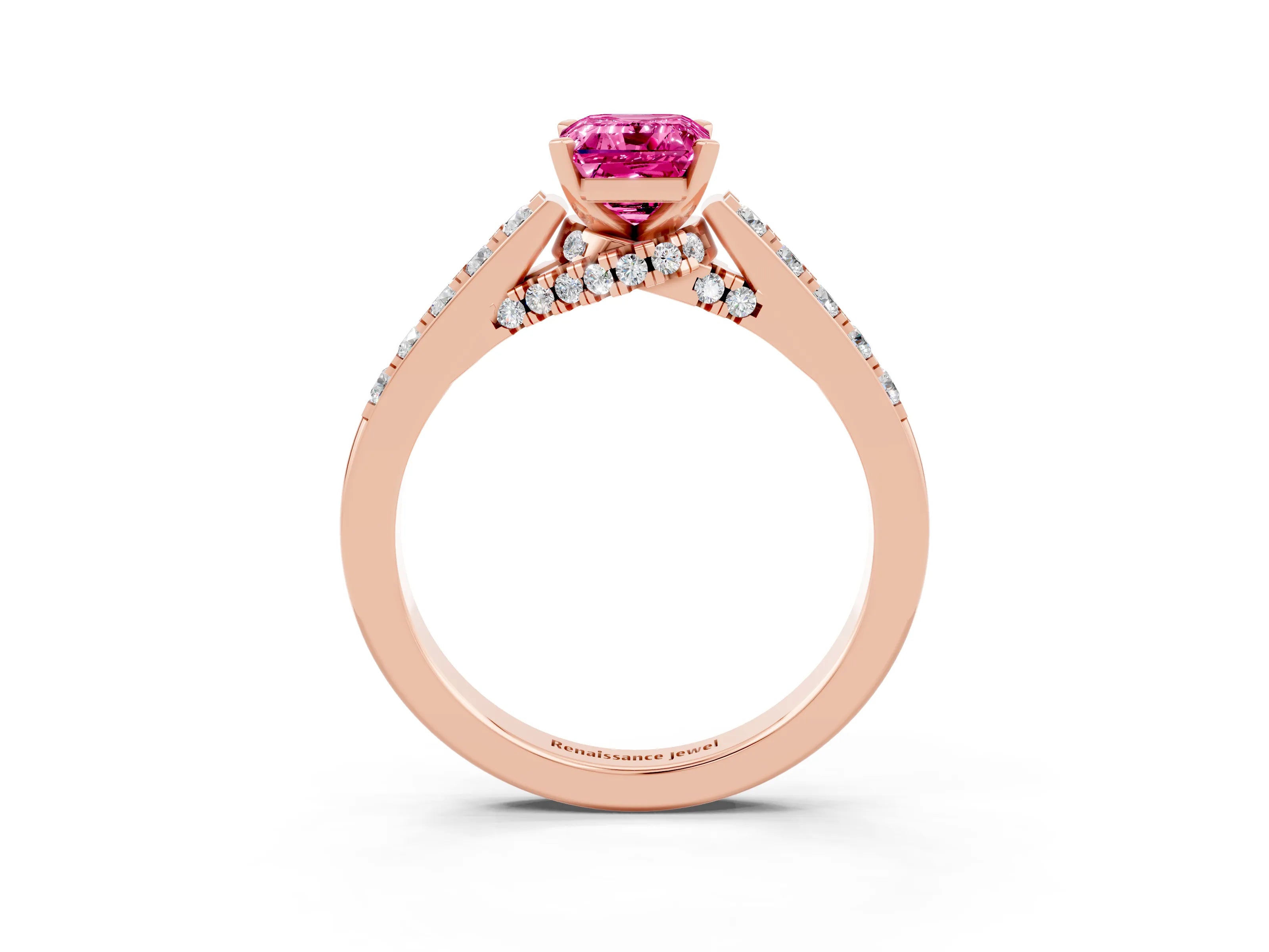 Rose gold Emerald Cut Diamond Solitaire Ring with Pavé Band and Prong Setting_3