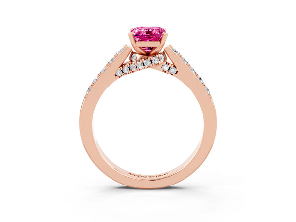 Rose gold Emerald Cut Pink Sapphire Solitaire Ring with Crossover Gallery and Round  Pavé Band