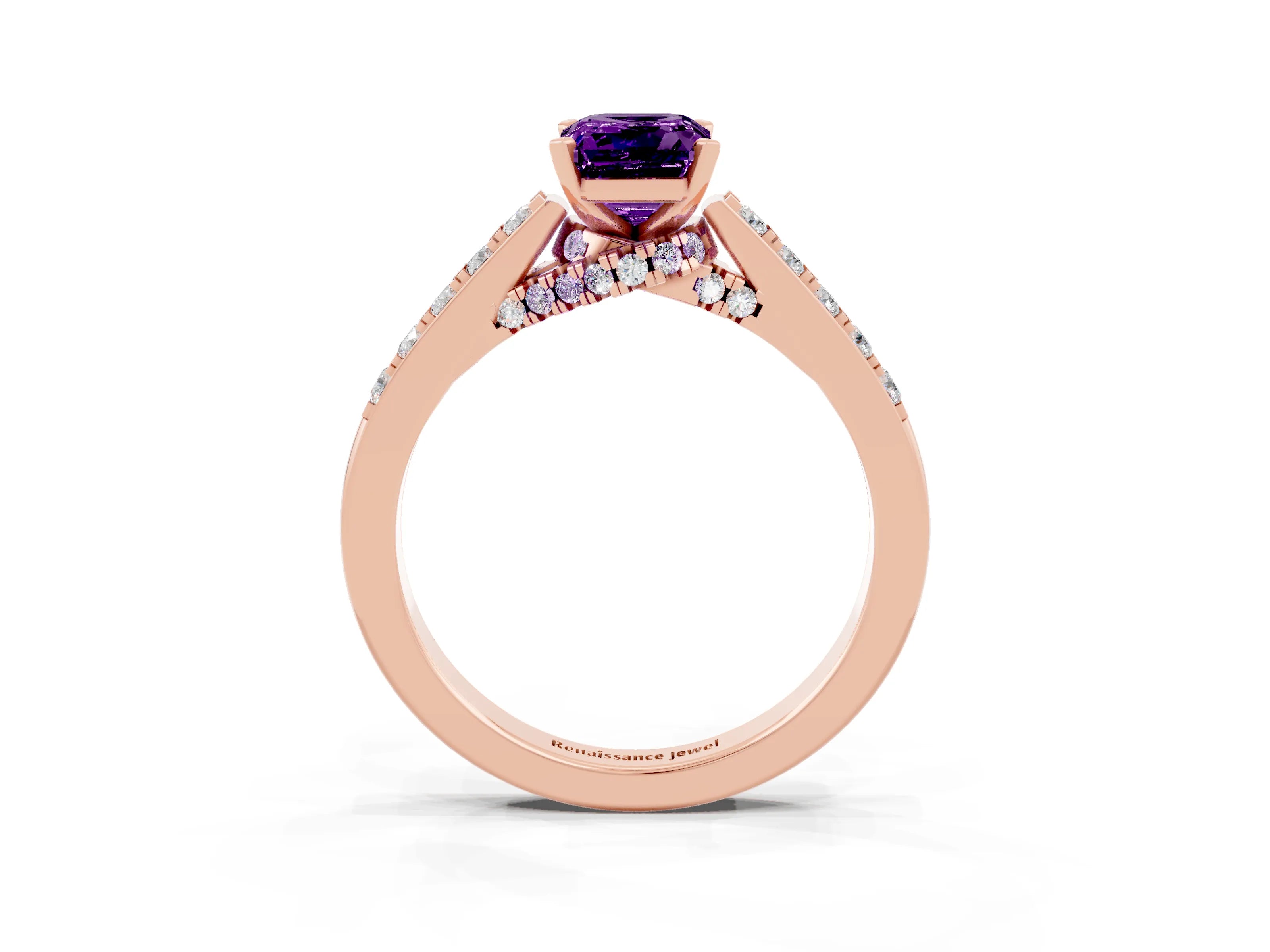 Rose gold Emerald Cut Diamond Solitaire Ring with Pavé Band and Prong Setting_3