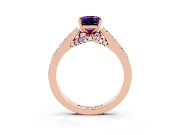 Rose gold Emerald Cut Amethyst Solitaire Ring with Crossover Gallery and Round  Pavé Band
