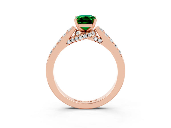 Rose gold Emerald Cut Emerald Solitaire Ring with Crossover Gallery and Round  Pavé Band