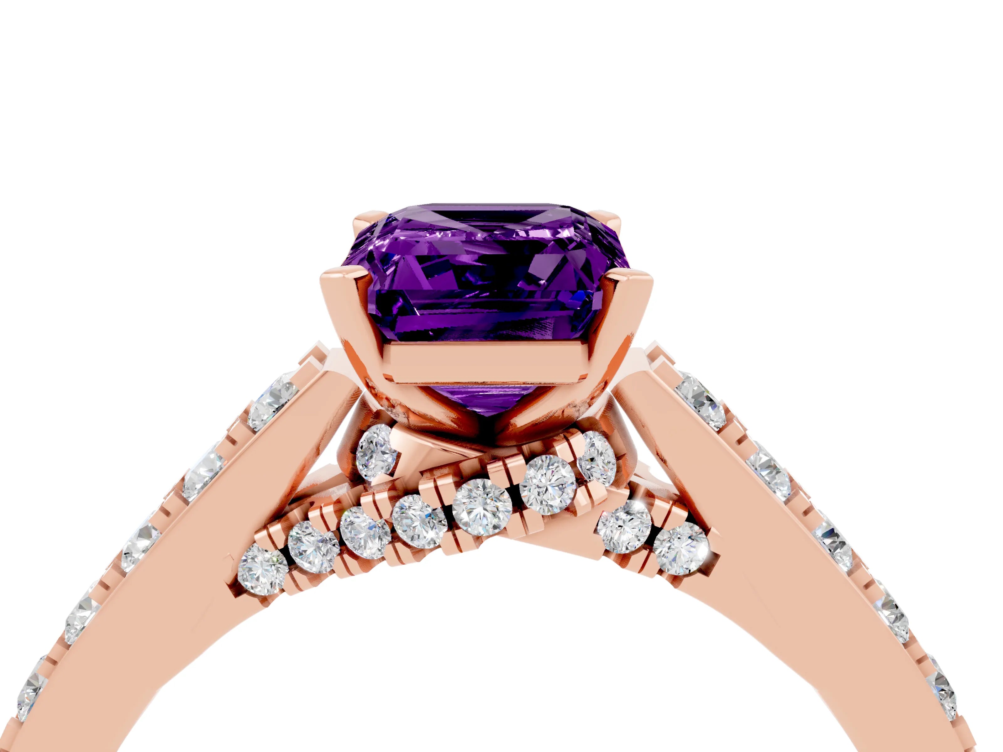 Rose gold Emerald Cut Diamond Solitaire Ring with Pavé Band and Prong Setting_4