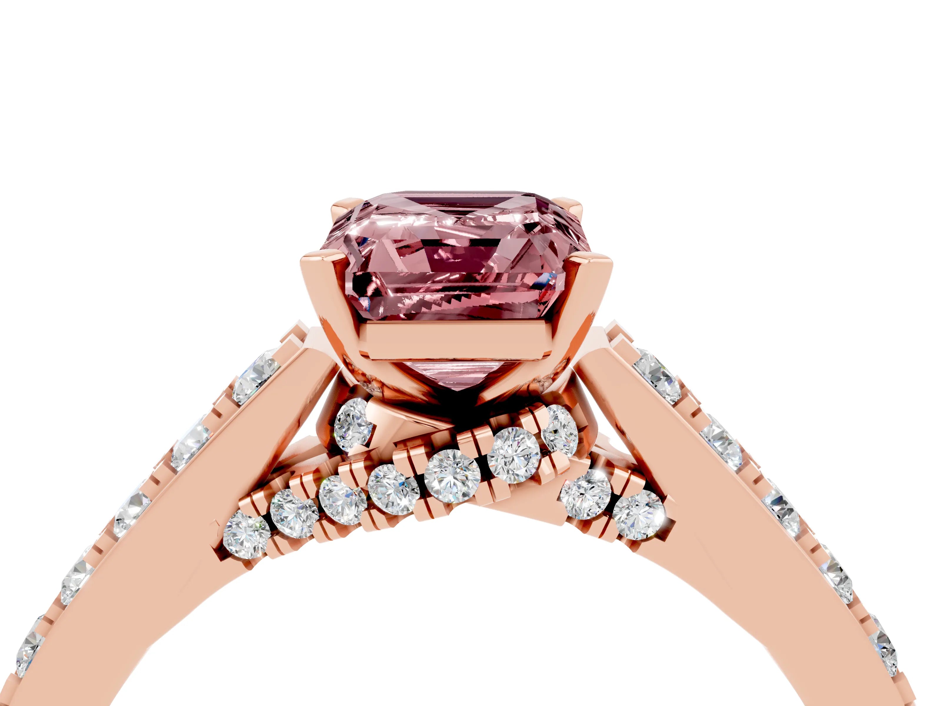 Rose gold Emerald Cut Diamond Solitaire Ring with Pavé Band and Prong Setting_4