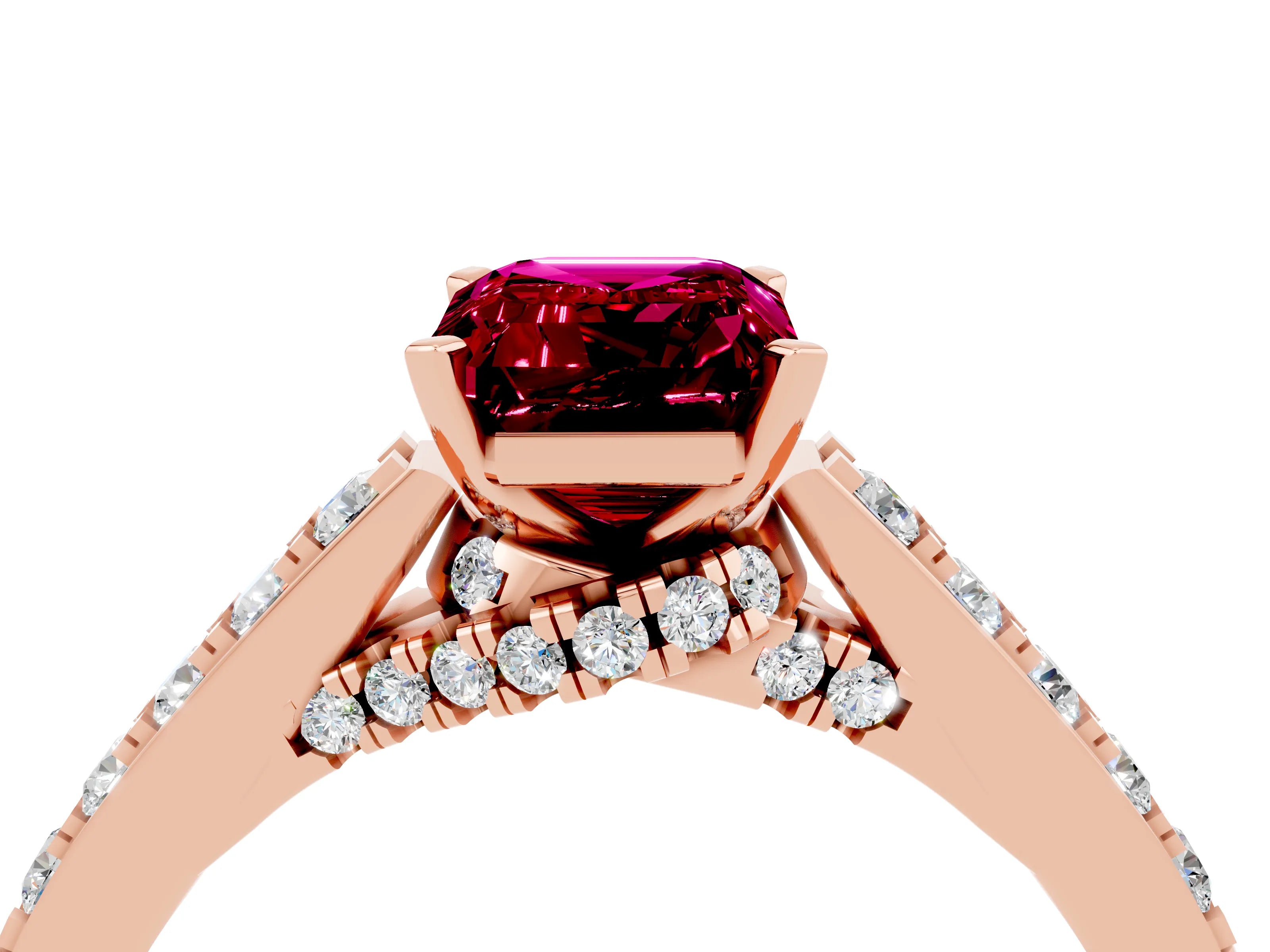Rose gold Emerald Cut Diamond Solitaire Ring with Pavé Band and Prong Setting_4