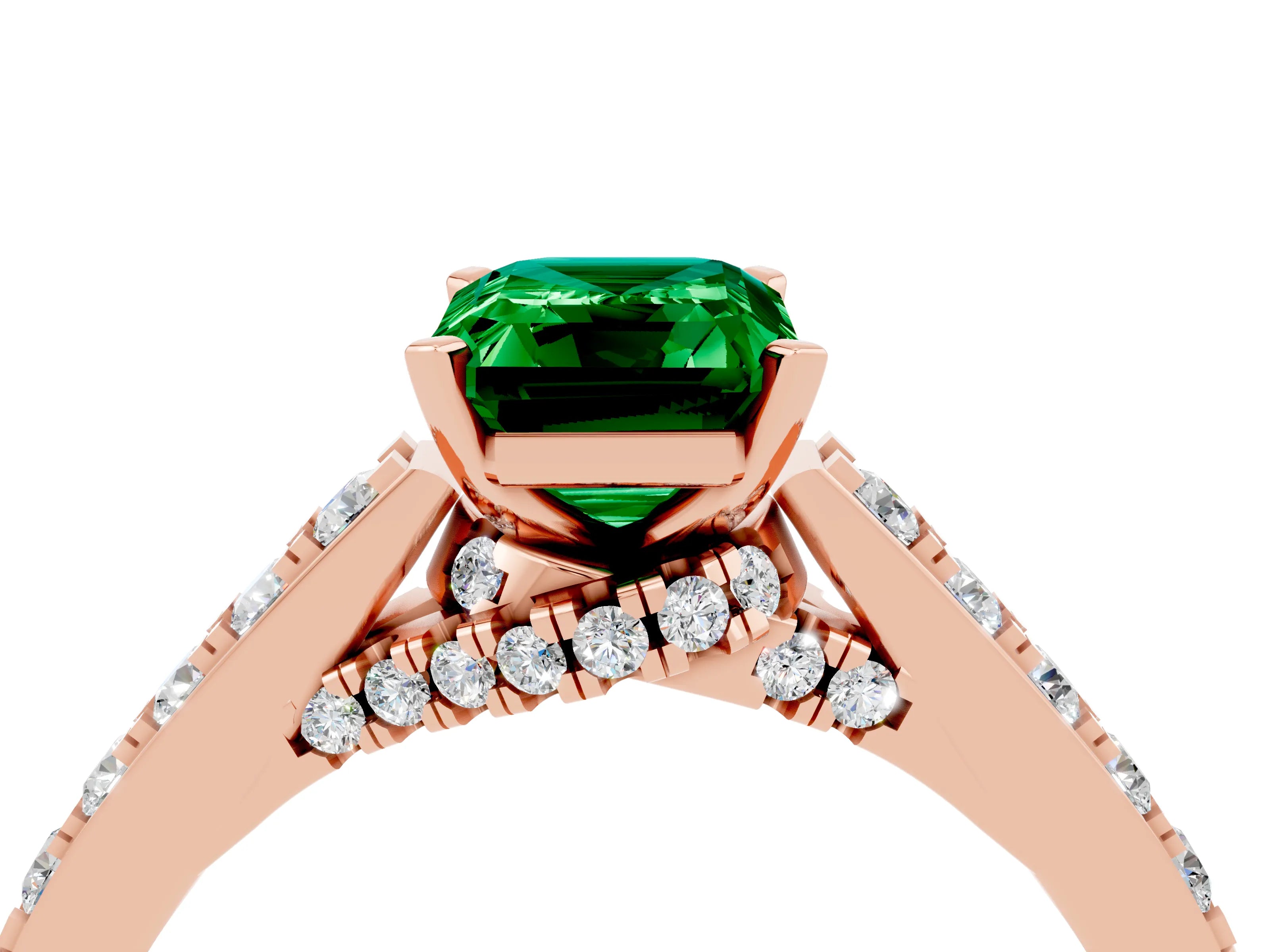 Rose gold Emerald Cut Diamond Solitaire Ring with Pavé Band and Prong Setting_4