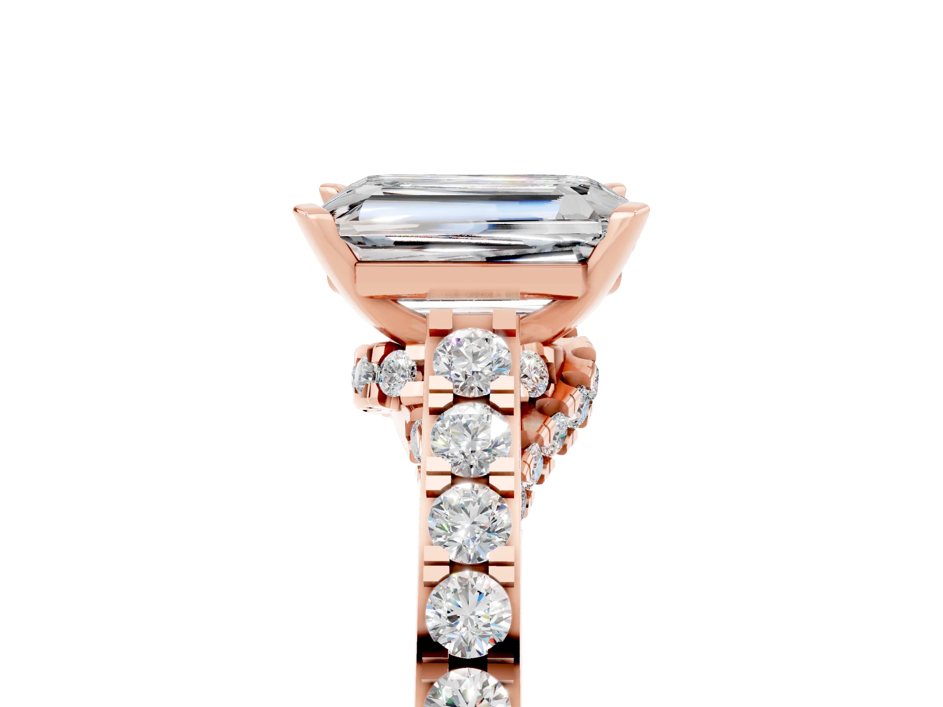 Rose gold Emerald Cut Diamond Solitaire Ring with Pavé Band and Prong Setting_5