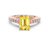 Rose gold Emerald Cut Diamond Solitaire Ring with Pavé Band and Prong Setting