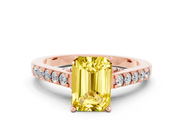 Rose gold Emerald Cut Yellow Sapphire Solitaire Ring with Crossover Gallery and Round  Pavé Band
