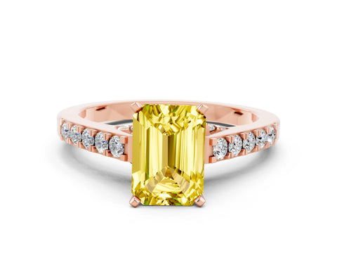 Rose gold Emerald Cut Diamond Solitaire Ring with Pavé Band and Prong Setting