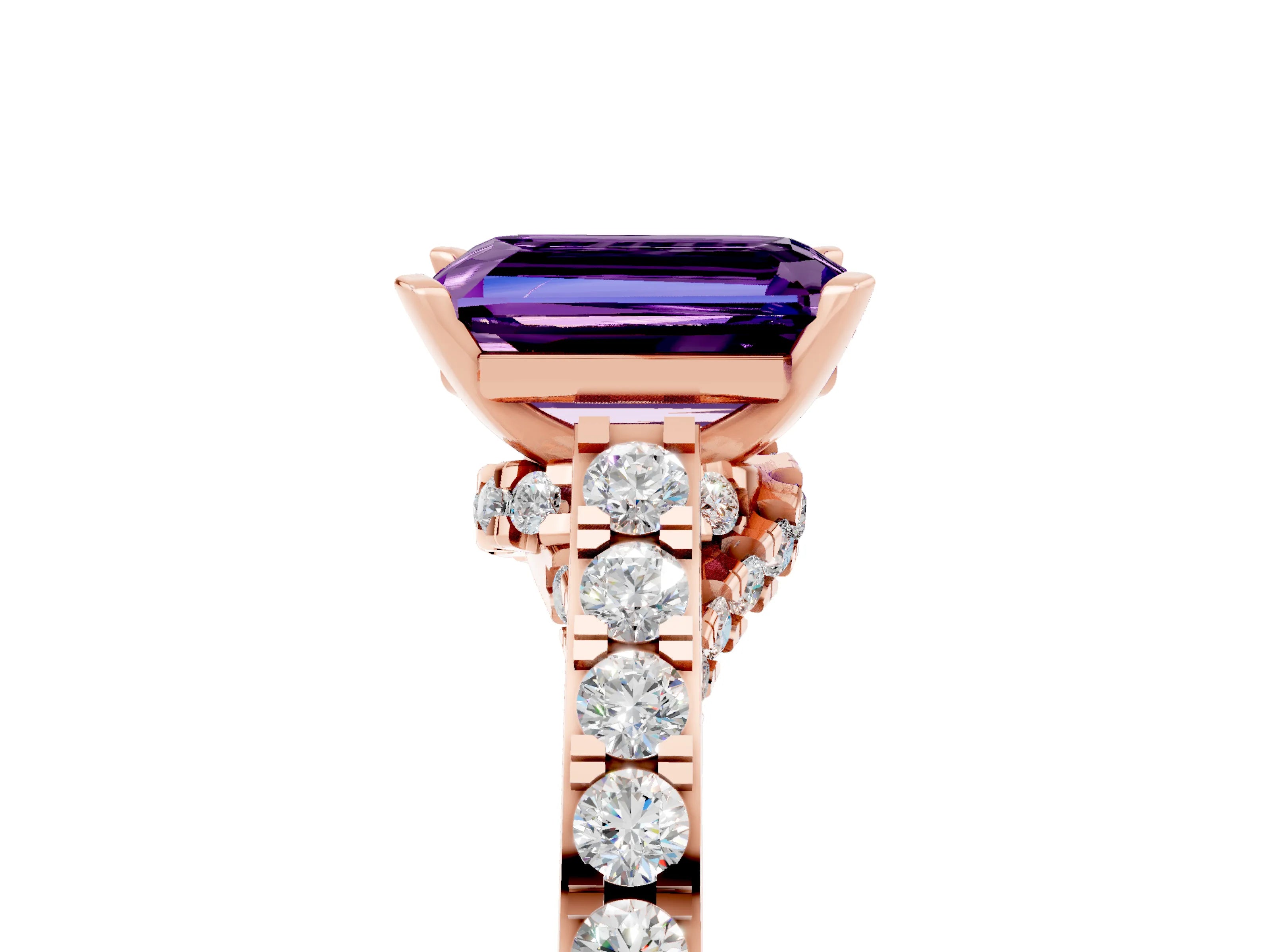 Rose gold Emerald Cut Diamond Solitaire Ring with Pavé Band and Prong Setting_5