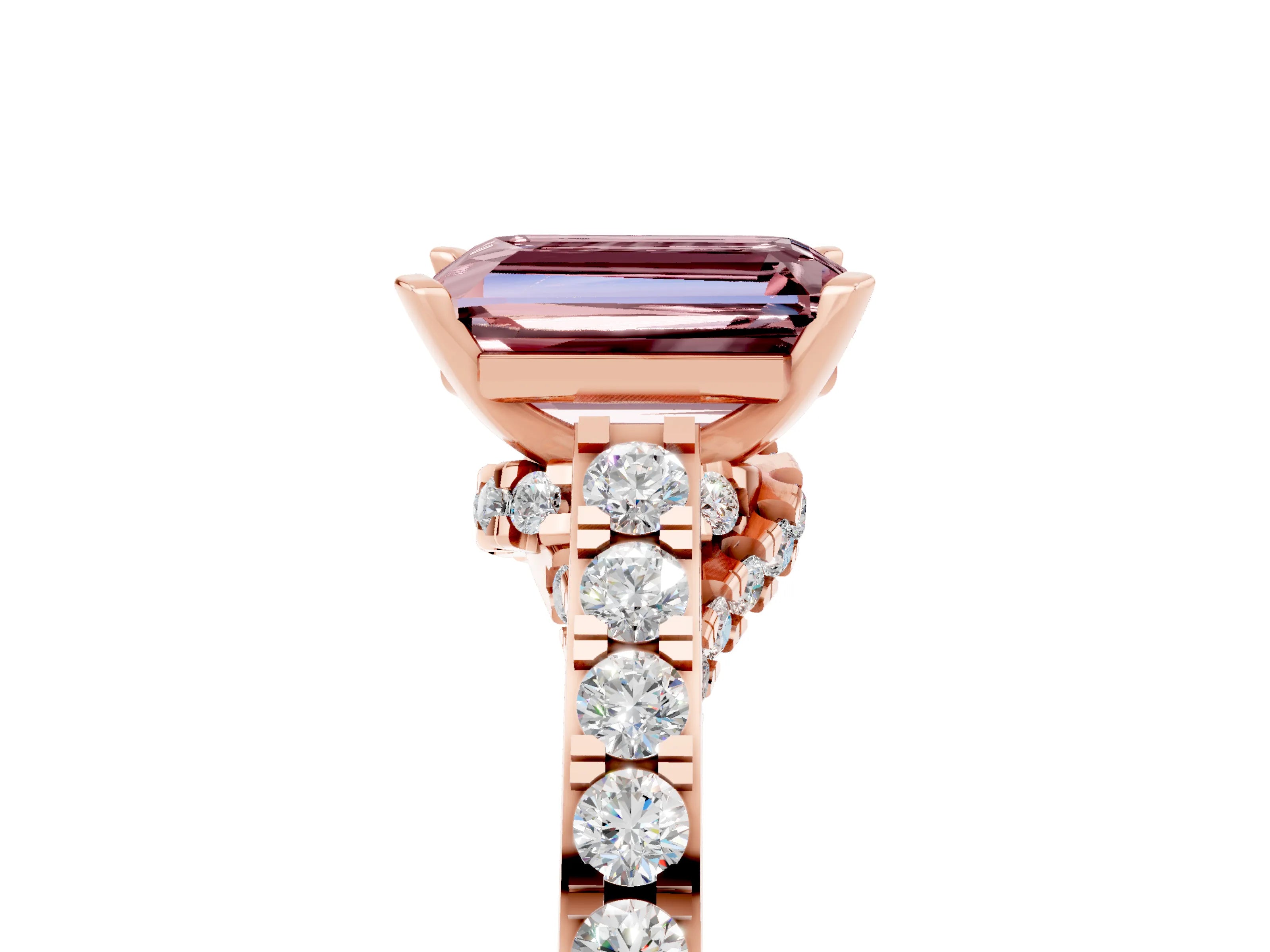 Rose gold Emerald Cut Diamond Solitaire Ring with Pavé Band and Prong Setting_5