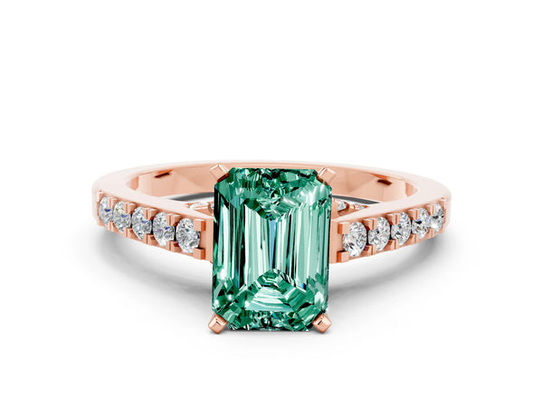 Rose gold Emerald Cut Green Sapphire Solitaire Ring with Crossover Gallery and Round  Pavé Band