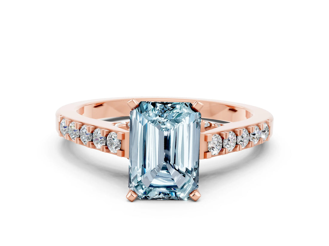 Rose gold Emerald Cut Diamond Solitaire Ring with Pavé Band and Prong Setting