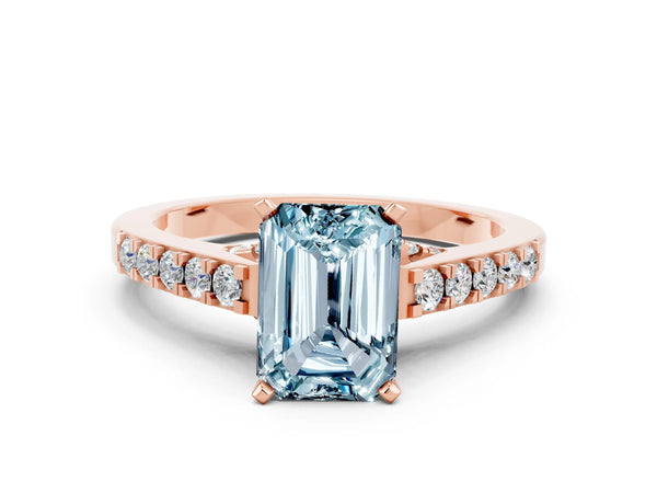 Rose gold Emerald Cut Aquamarine Solitaire Ring with Crossover Gallery and Round  Pavé Band